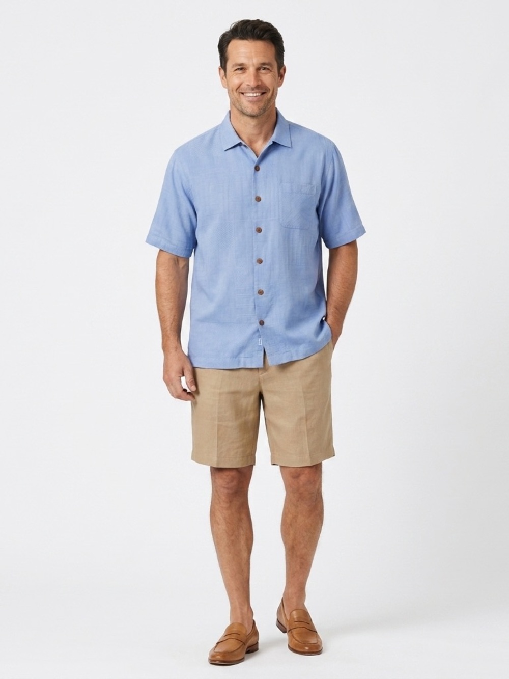 Tommy Bahama Dry and Mighty Light Blue Short-Sleeve Embroidered Back Camp Shirt